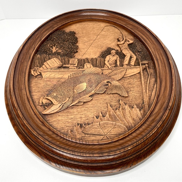 Kim Murray Wood Carving Fishing Scene Wall Plaque 3D - Picture 8 of 12